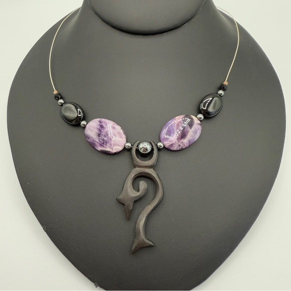 Unique Genuine Amethyst and Tourmaline Stone Beaded Tribal Pendant Necklace - Picture 9 of 11